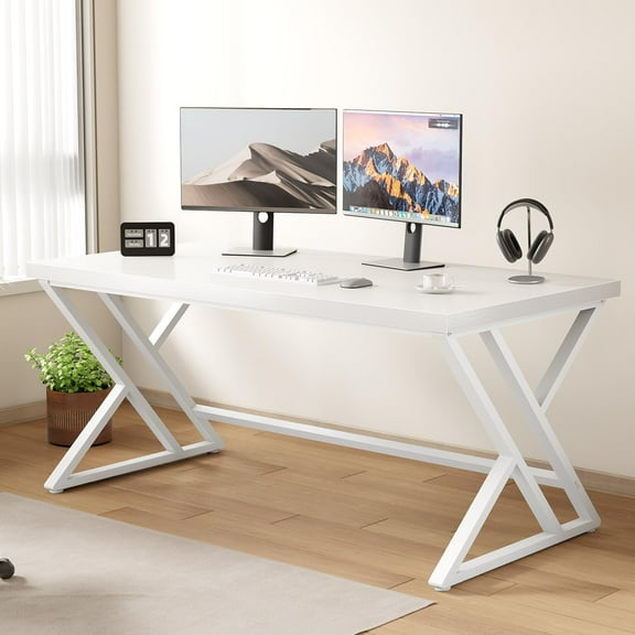 LVB White Computer Desk, Modern Wood Home Office Desk for PC Writing Work, Metal Wooden Executive Workstation Student Simple Desk, Computer Study Gaming Bedroom Table, 55 Inch, White Oak