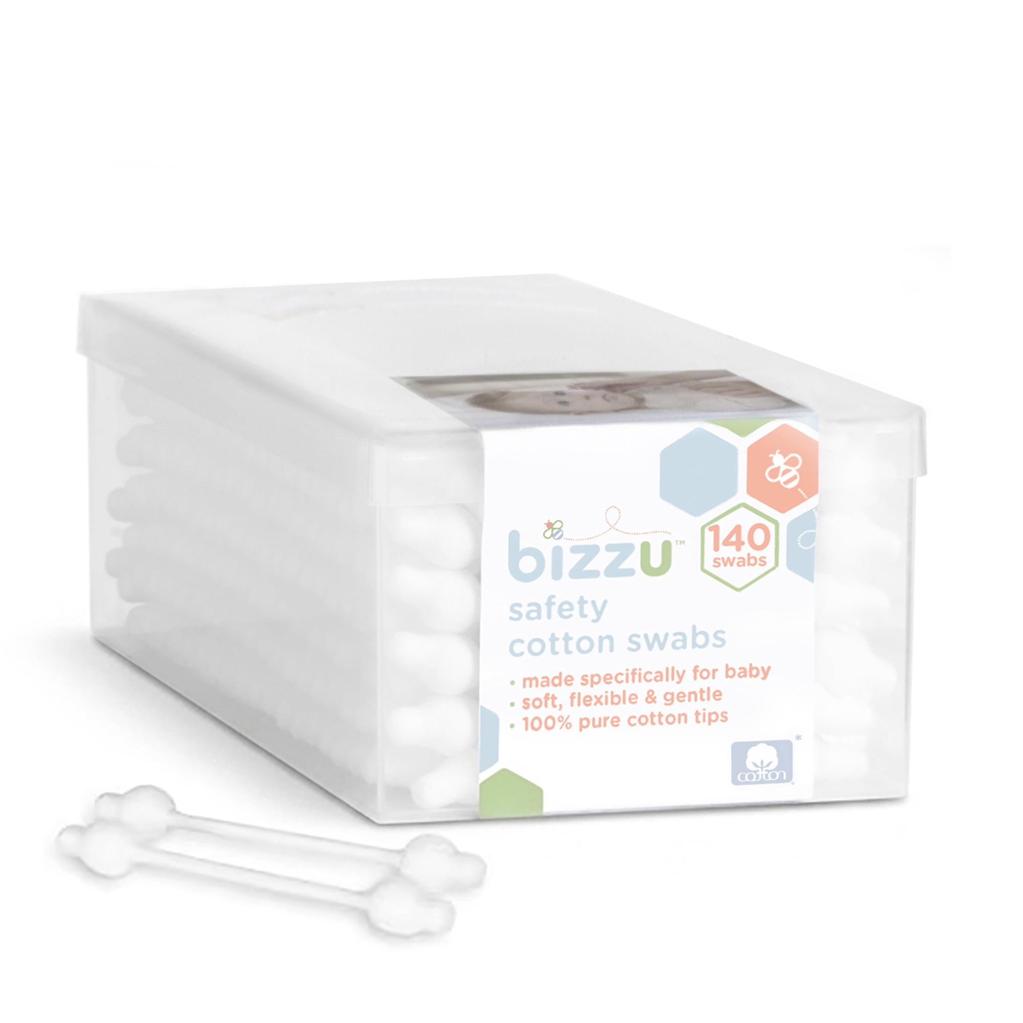 Bizzu Safety Cotton Swabs, 140 Count, Baby Care, Soft, Newborn, Toddler, Gentle Pointed Tips, 100% Cotton
