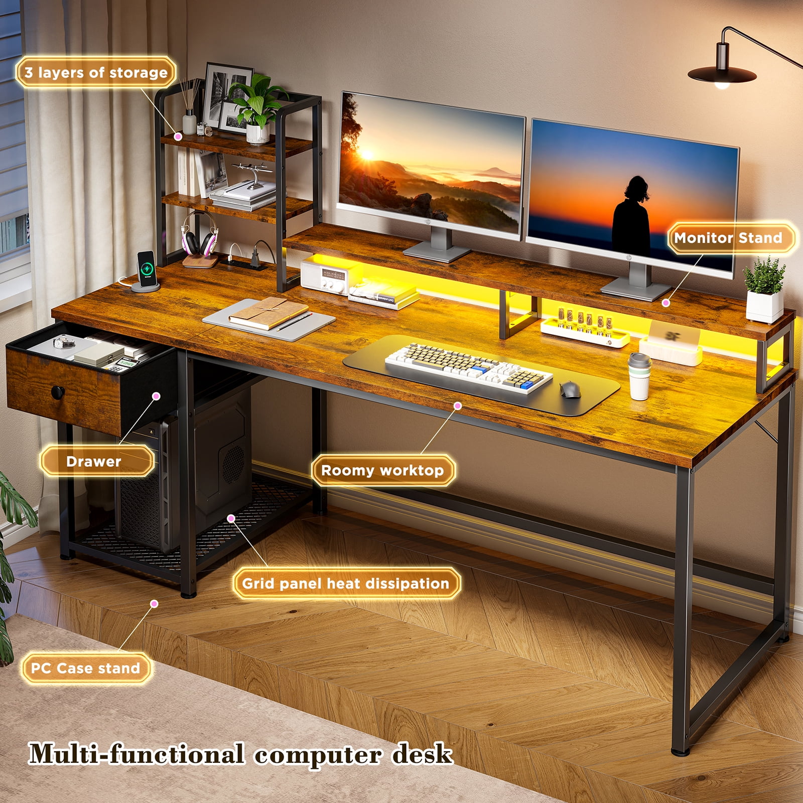 Romorgniz 55"W Computer Desk with Hutch, Gaming Desk with LED Lights & Power Outlets, Small Desk with Drawer and Monitor Stand, Writing Desk for Home Office, Rustic Brown