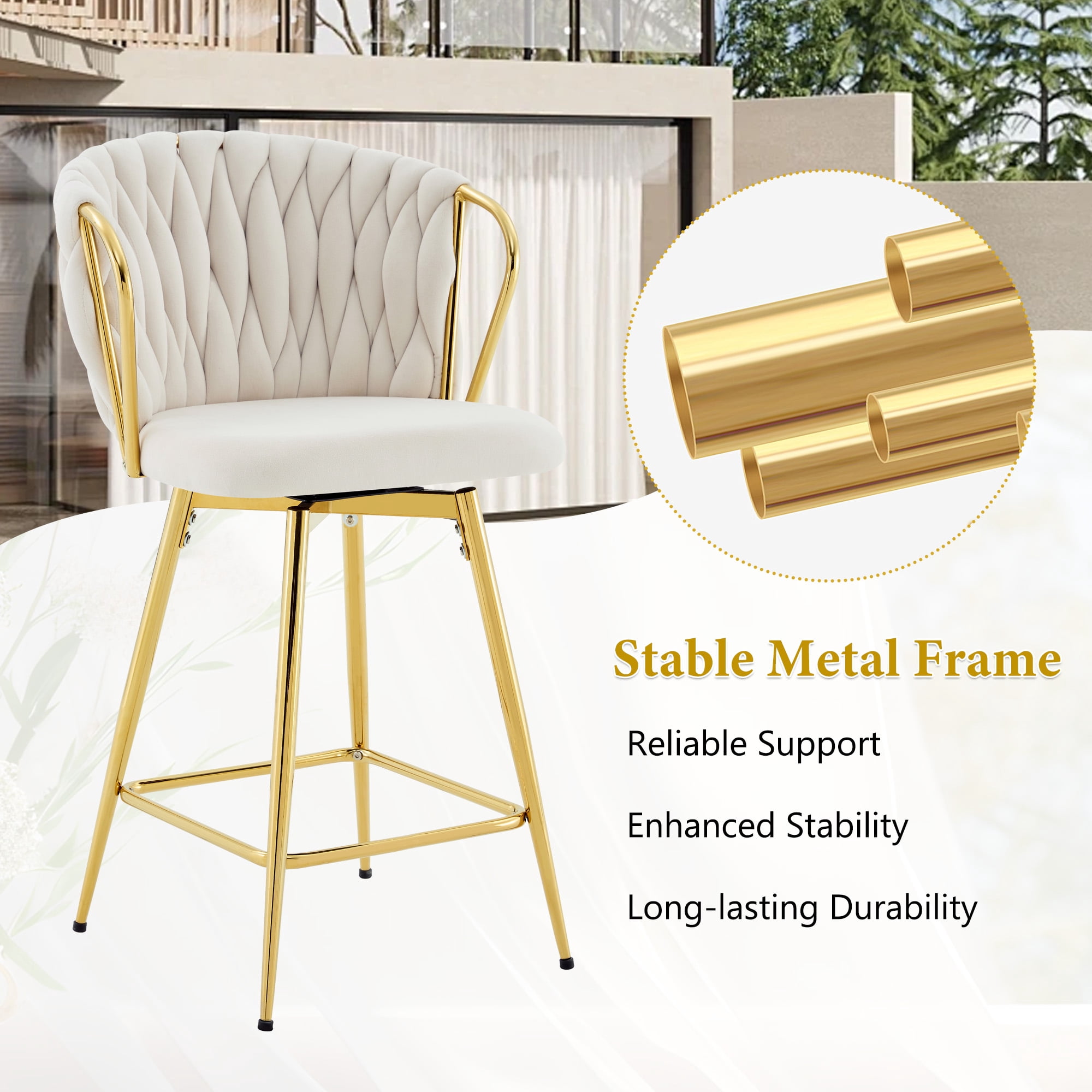 Alvantor Bar Stools Set of 2 Modern Velvet Braided Bar Stools Counter Stool Chairs for Kitchen Island Beige