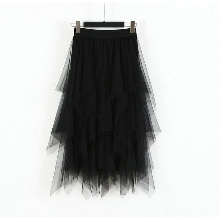 Ardorlove Fashion Elastic High Waist Long Tulle Skirt Women Irregular Hem  Mesh Tutu Skirt Spring Party Skirt Ladies, Black