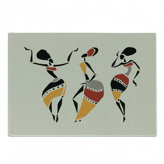 African Cutting Board, Dancers Silhouette Set Native Dresses Party Carnival Tradition, Decorative Tempered Glass Cutting and Serving Board, Small Size, Multicolor, by Ambesonne