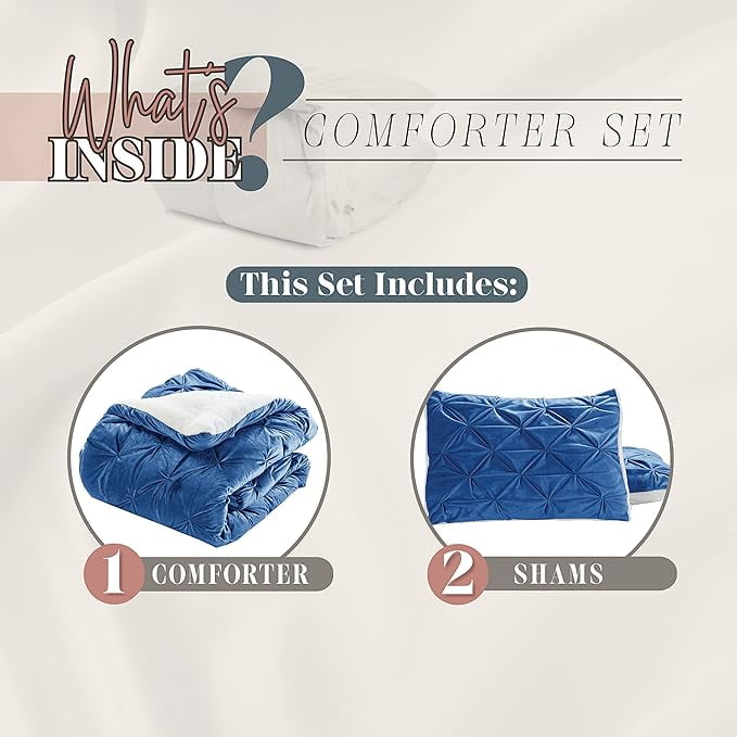 Elegant Comfort 3-Piece Set Pinch Pleated Sherpa Comforter Reversible and Luxurious. Fresh, Comfy Fabric, Pinch Pleated Sherpa Comforter, California King, Pacific Navy