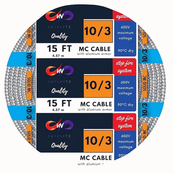 10/3 Solid Metal Clad MC Cable with Ground - 10 AWG 3-Conductor Aluminum Armored Wire with Ground - 15 ft