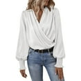 thumbnail image 2 of V Neck T Shirts for Women, Elegant V Neck Balloon Sleeve Solid Color Polyester Shirt, White S, 2 of 7
