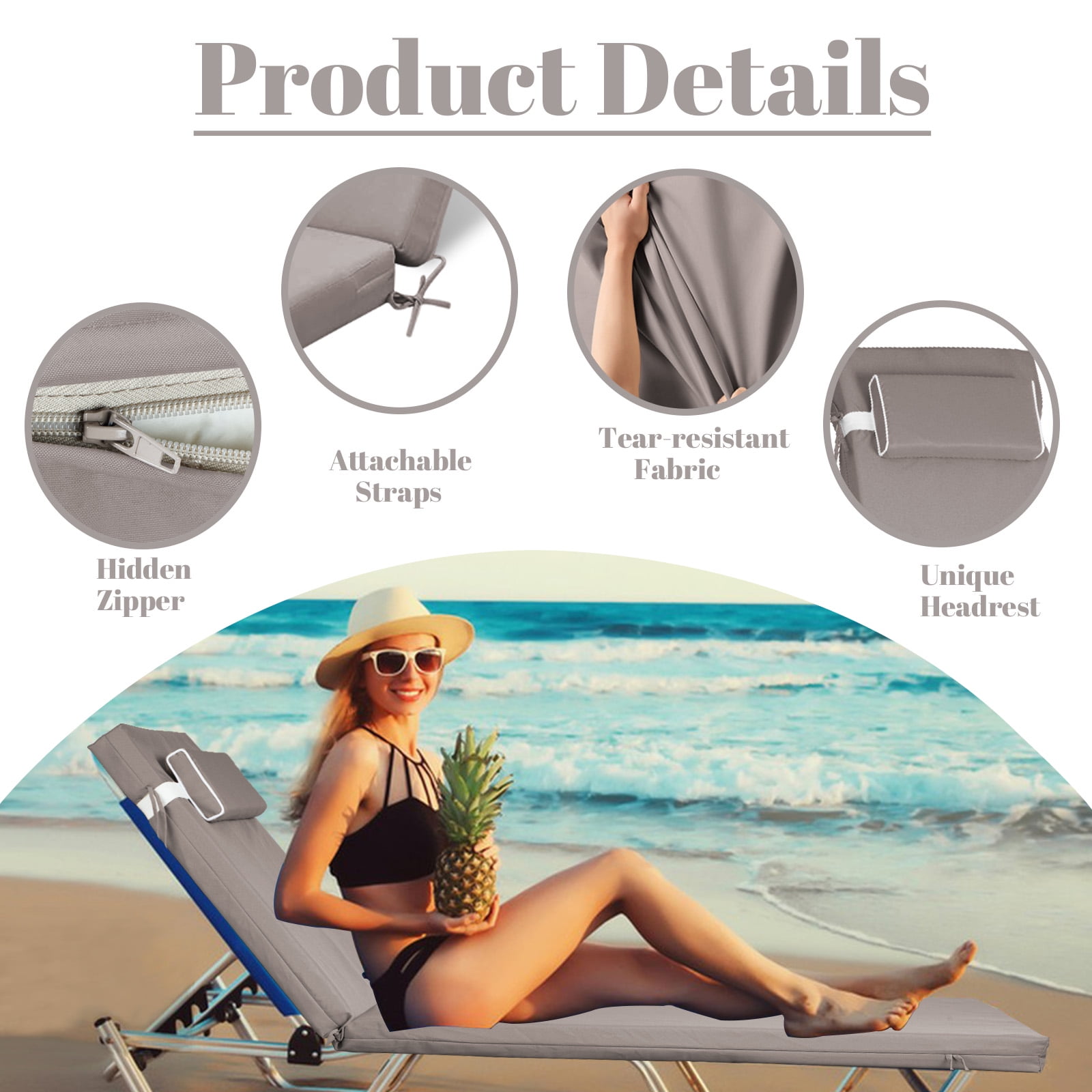 SDJPOI Outdoor Chaise Lounge Cushions Set of 2, 72" x 21" x 3" Thick Patio Furniture Replacement Cushions, Waterproof Lounge Chair Cushion with Headrest & Ties for Pool Beach