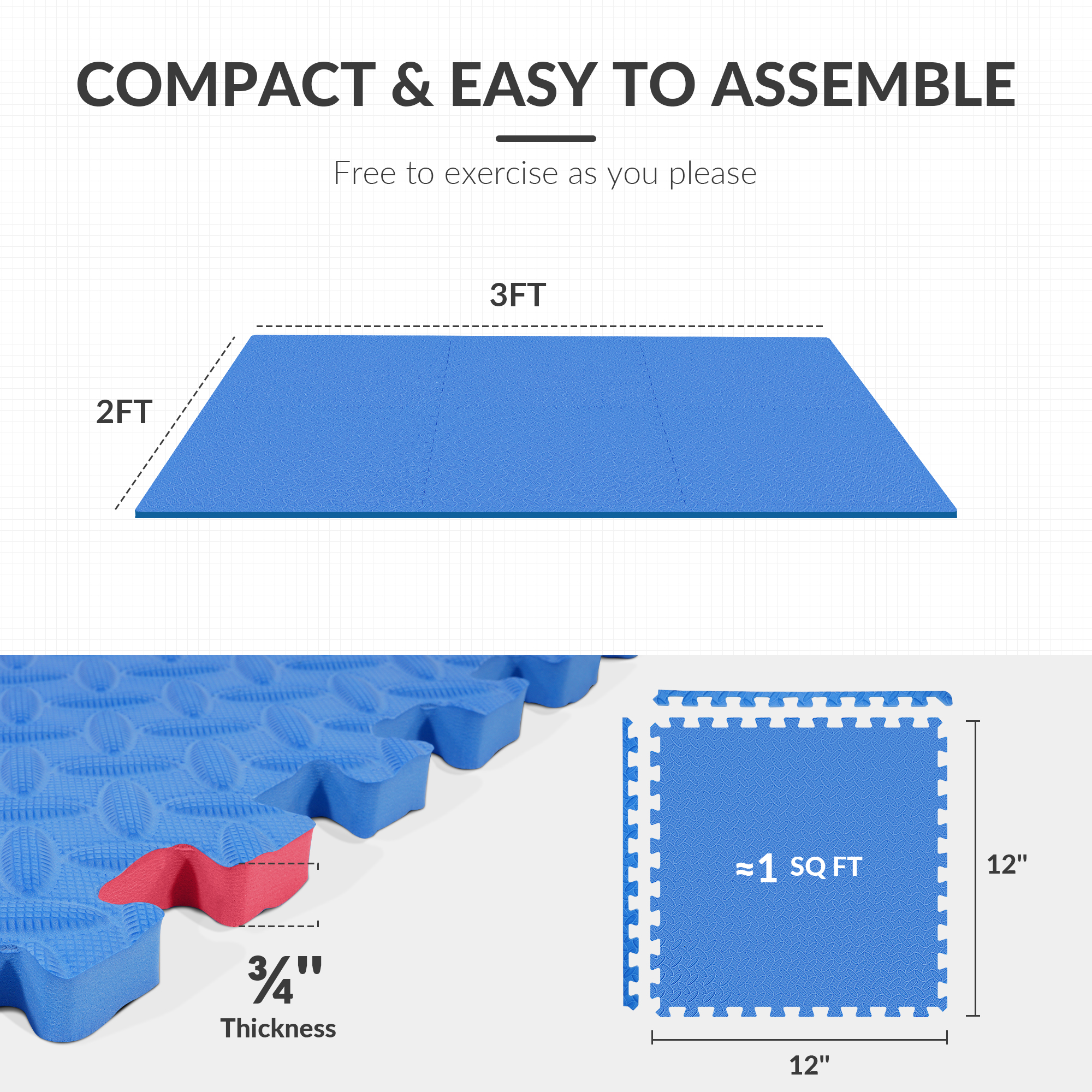BalanceFrom EVA Foam Interlocking Floor Tiles, 63 × 63 cm, 1/2" 3/4" or 1" Thick, Anti-Slip Textured Mats in Multiple Colors, 6/12/24/36 Pack for Home Gym and Play Areas