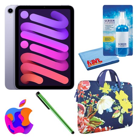 Apple iPad Mini 6 (2021, 64GB, Wi-Fi, Purple) (MK7R3LL/A) Bundle with Sargasso Floral Zipper Sleeve + Screen Cleaning Kit