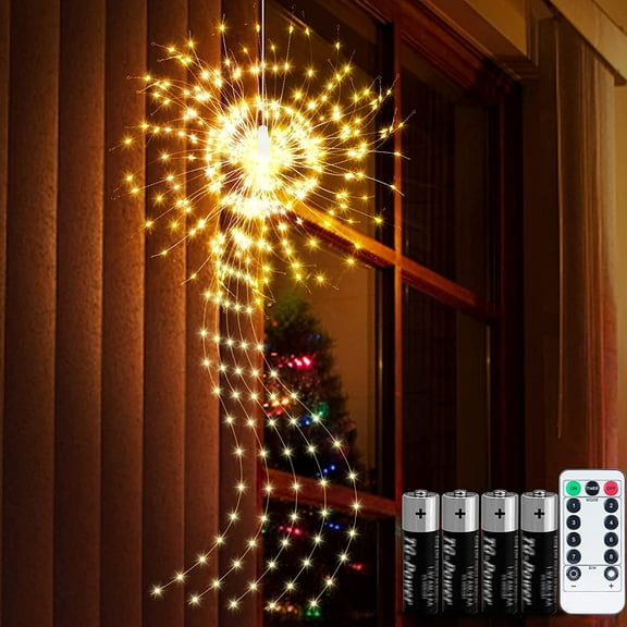 Starburst Lights, Hanging Battery Operated Chandelier with Remote, 200 LED Warm White Firework String Lights