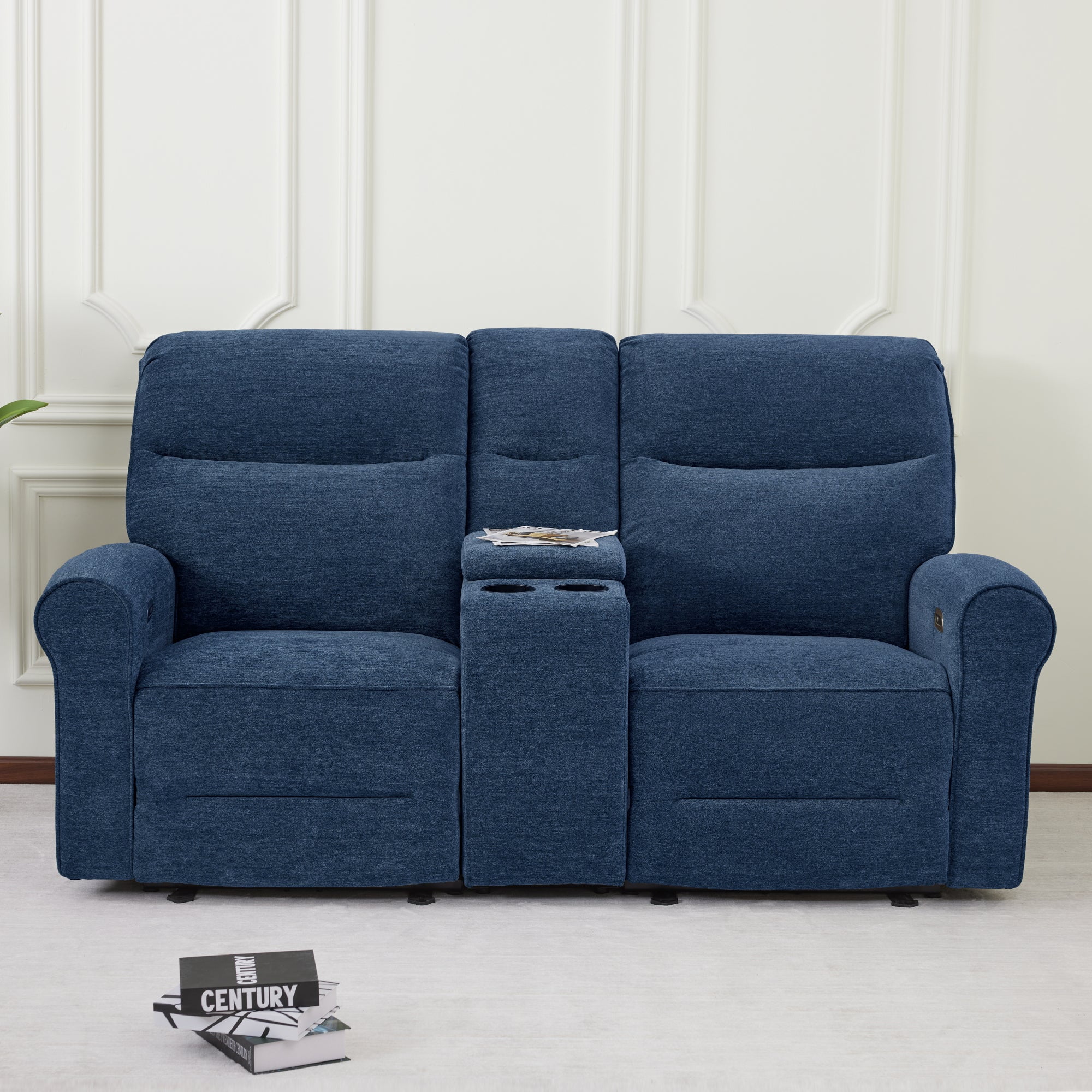 MCombo 78.3" Wall Hugger Power Loveseat Recliner Sofa with Console, Reclining Loveseat with USB Ports, Cup Holders, for Small Spaces Living Room RV, Fabric PR635M2 (Navy Blue)