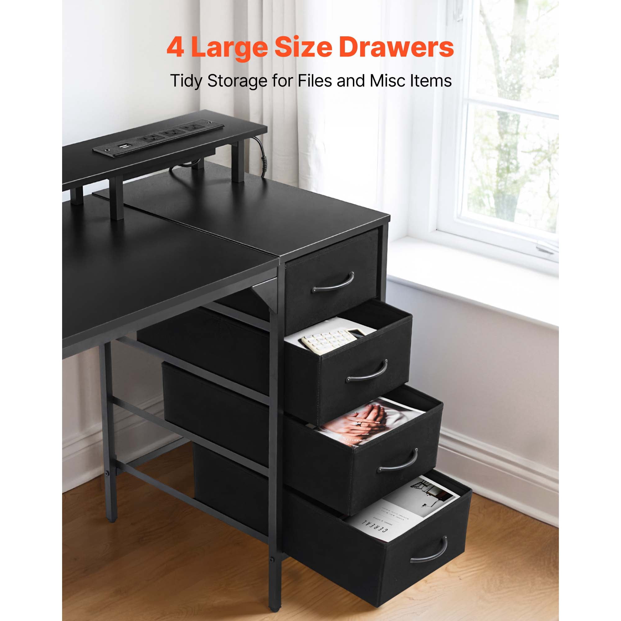 KFFKFF 47" Gaming Desk with LED Lighting & Power Outlets, Computer Desk with 4 Spacious Drawers, Monitor Riser, Black
