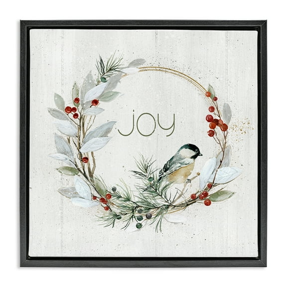 Stupell Industries Simple Joy Winter Wreath Holiday Painting Black Floater Framed Canvas Art Prints Wall Art, 18 x 18