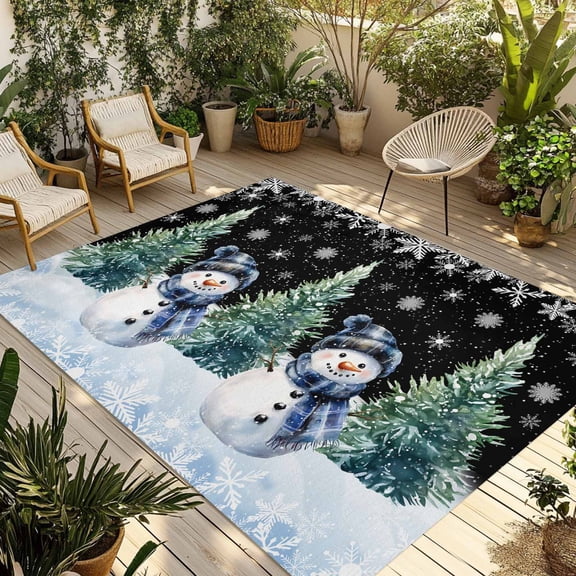 Fsddascl Black Snowman Christmas Outdoor Rug for Patio/Deck/Porch, Non-Slip Large Area Rug 5 x 8 Ft, Snowflake Green Xmas Tree Indoor Outdoor Rugs Washable Area Rugs, Reversible Camping Rug Carpet