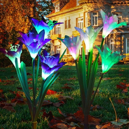 Outdoor Solar Garden Stake Lights - 2 Pack QiShi Solar Powered Lights with 8 Lily Flower, Multi-color Changing LED Solar Stake Lights for Garden, Patio, Backyard (Purple and White)