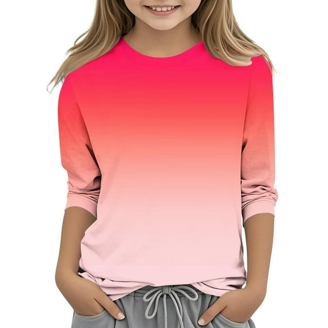 LWFFDAW T-Shirts à Manches 3/4 pour Filles, Décontractés, Col Rond, Graphiques Dégradés Tendance, Confortables, Légers, pour Sortir, pour 3-12 Ans
