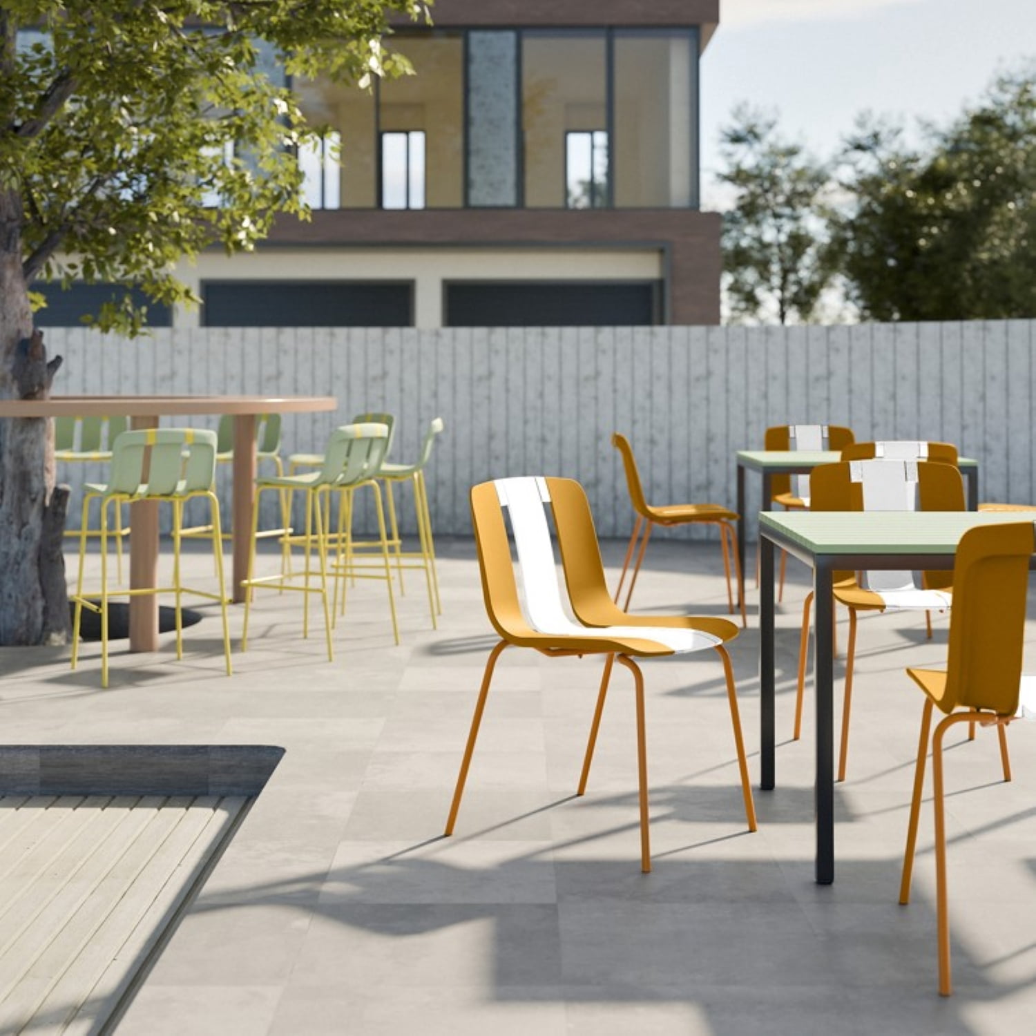 Stackable Plastic Chairs Set of 4 for Indoor and Outdoor Use, Heavy-Duty Design with Sturdy Metal Legs and Anti-Slip Feet in a White, Orange and Beige Color Block, Supports 330 lbs