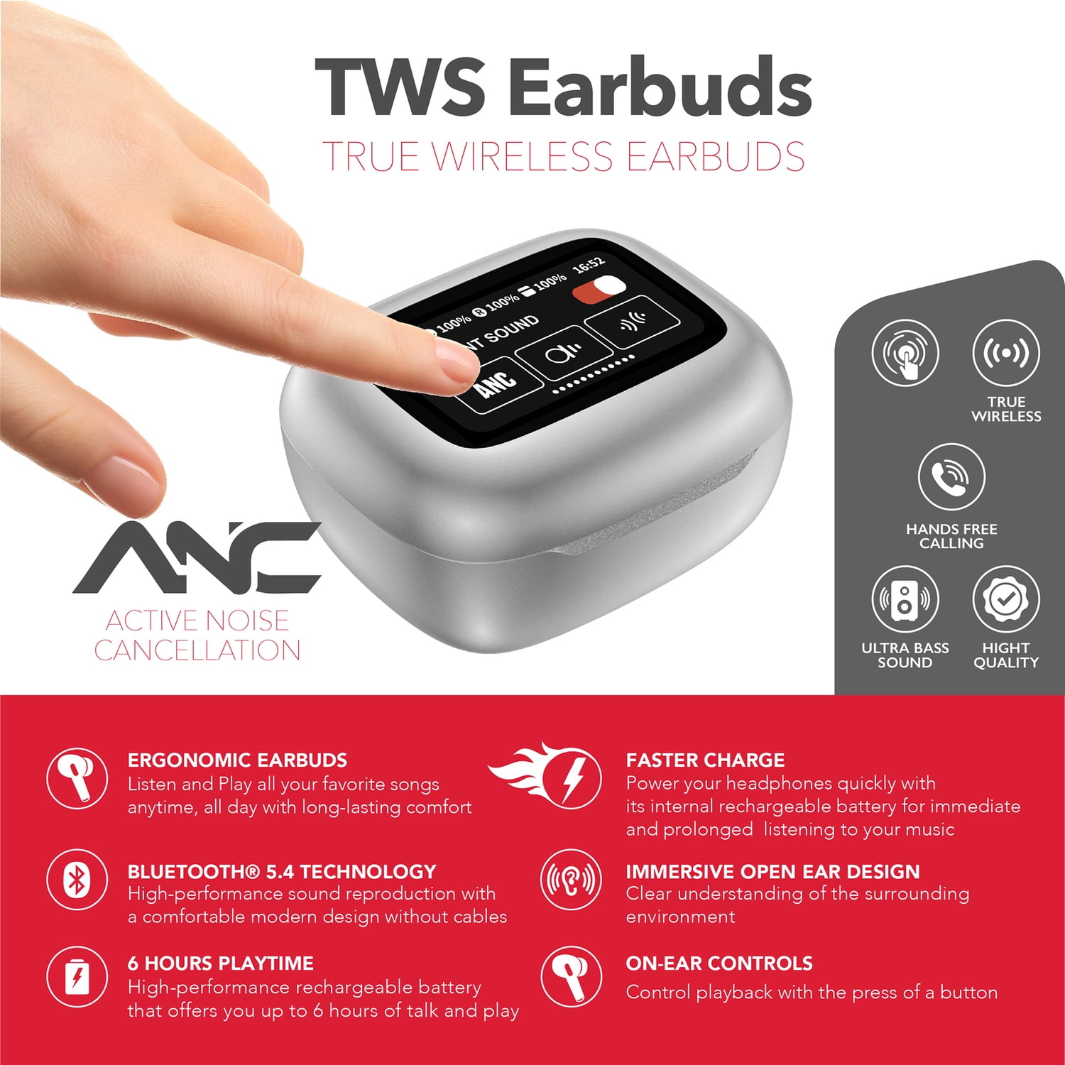RCA WAVE-45 TWS Bluetooth In-Ear Earbuds with Mics, On-Ear Controls, ANC, Charging Case with Touch Screen, up to 6 Hours Play Time , White