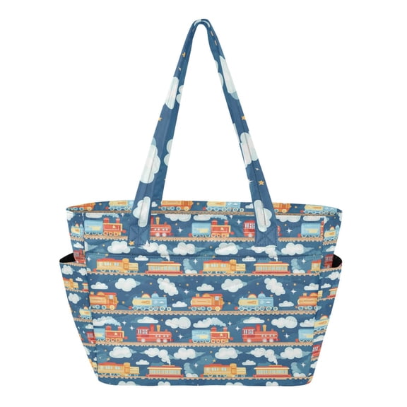 FORMRS Tote Bag for Women Quilted Large Capacity Travel Work Carry On Shoulder Handbag, Blue Cute Train Pattern