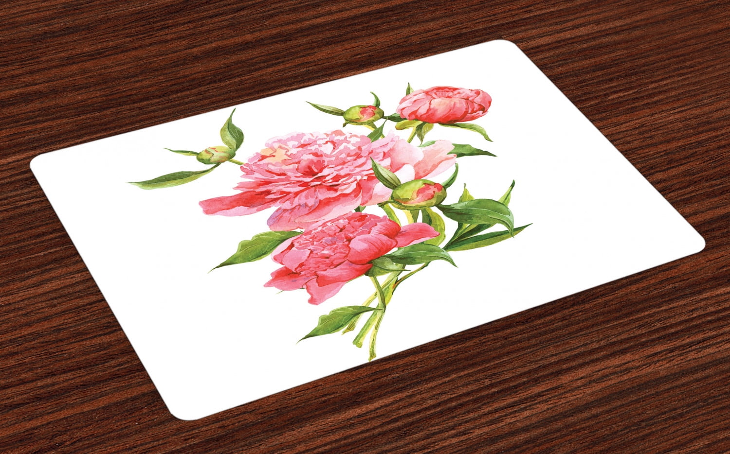 Watercolor Placemats Set of 4 Pink Peonies with Strong Green Leaves