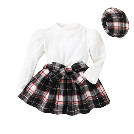 

Toddler Girls Winter Long Sleeve Ribbed Tops Plaid Skirt Belt Hat 4PCS Outfits Clothes Set 6 Set New Born Set for Girls Junior Outfits for Teen Girls Cute Clothes for Teen Girls Long Sleeve New Born