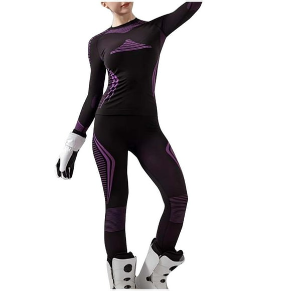 Gpaecead Women's Solid Color Winter Ski Underwear - Warm Base Layer Set With Round Neck Purple