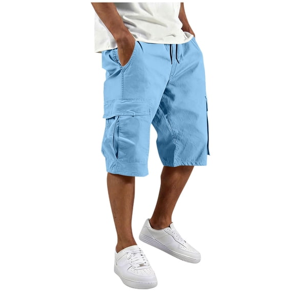 Busydd Mens Cargo Shorts Trendy Baggy Elastic Waist Bermuda Shorts Casual Solid Color Drawstring Hiking Shorts with Pockets 4XL