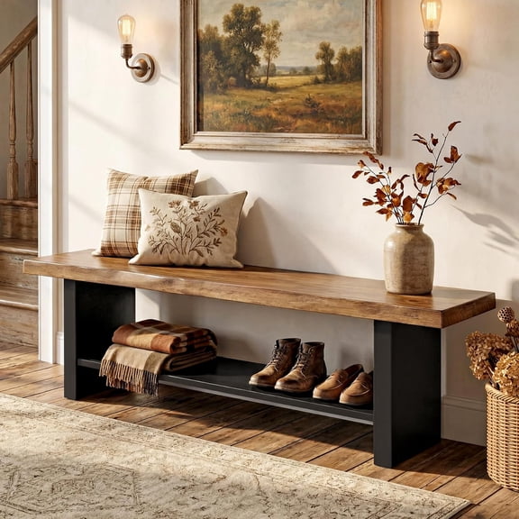 Finmind 55" Solid Wood Bench with Shoe Storage, 2-Tier Farmhouse Entryway Bench, Narrow Rustic Brown Bench for Bedroom, Hallway