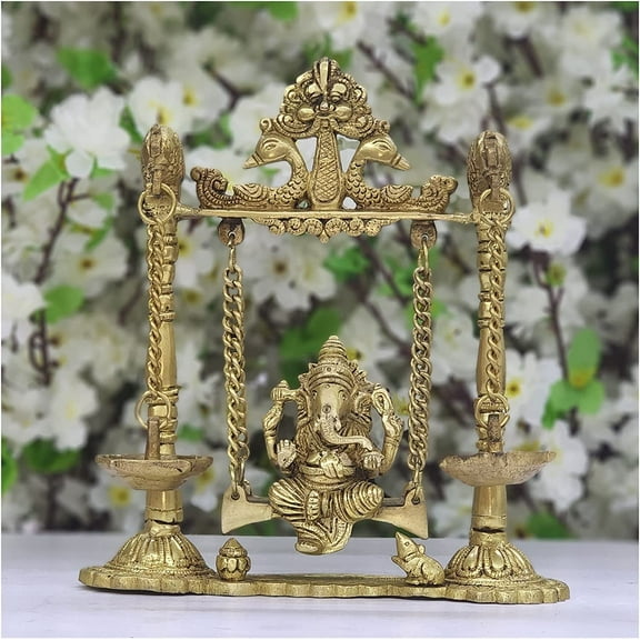 Ganesha Statue on Swing with Diya Brass Ganesha Idol on Jhula Handmade Jhoola Ganesh Murti Showpiece Home - AtoZ India Cart