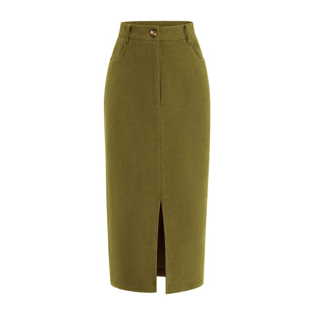 Falda PRETTYGARDEN de Pana Lápiz Midi Verde de Tiro Alto Talle 12