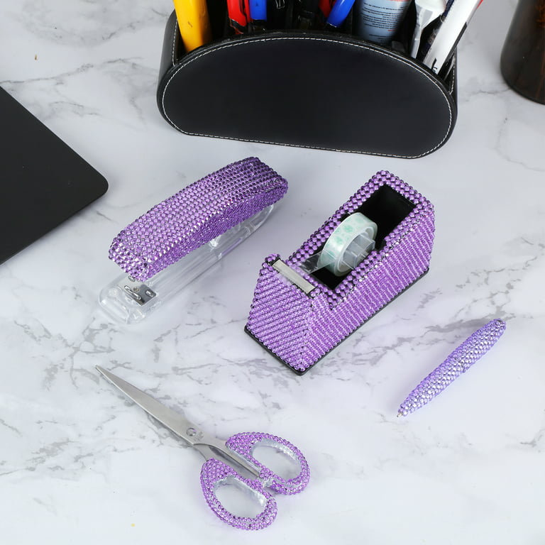 Bling Pasted Crystal 4 Piece Office Stationery Set,Desk Accessory Kit, Home  Office Necessary- Stapler & Desktop Tape Dispenser & Ballpen & Scissor