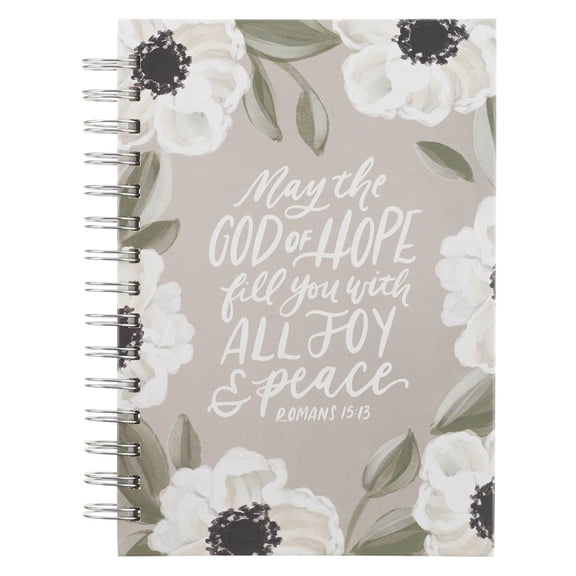Christian Art Gifts Inspirational Journal, May the God of Hope Fill You With All Joy Wide Ruled Notebook, Rom. 15:13 Bible Verse, Pastel Gray Florals, 192 Lined Pages w/scripture, (8.4” x 6.4” x 1”)
