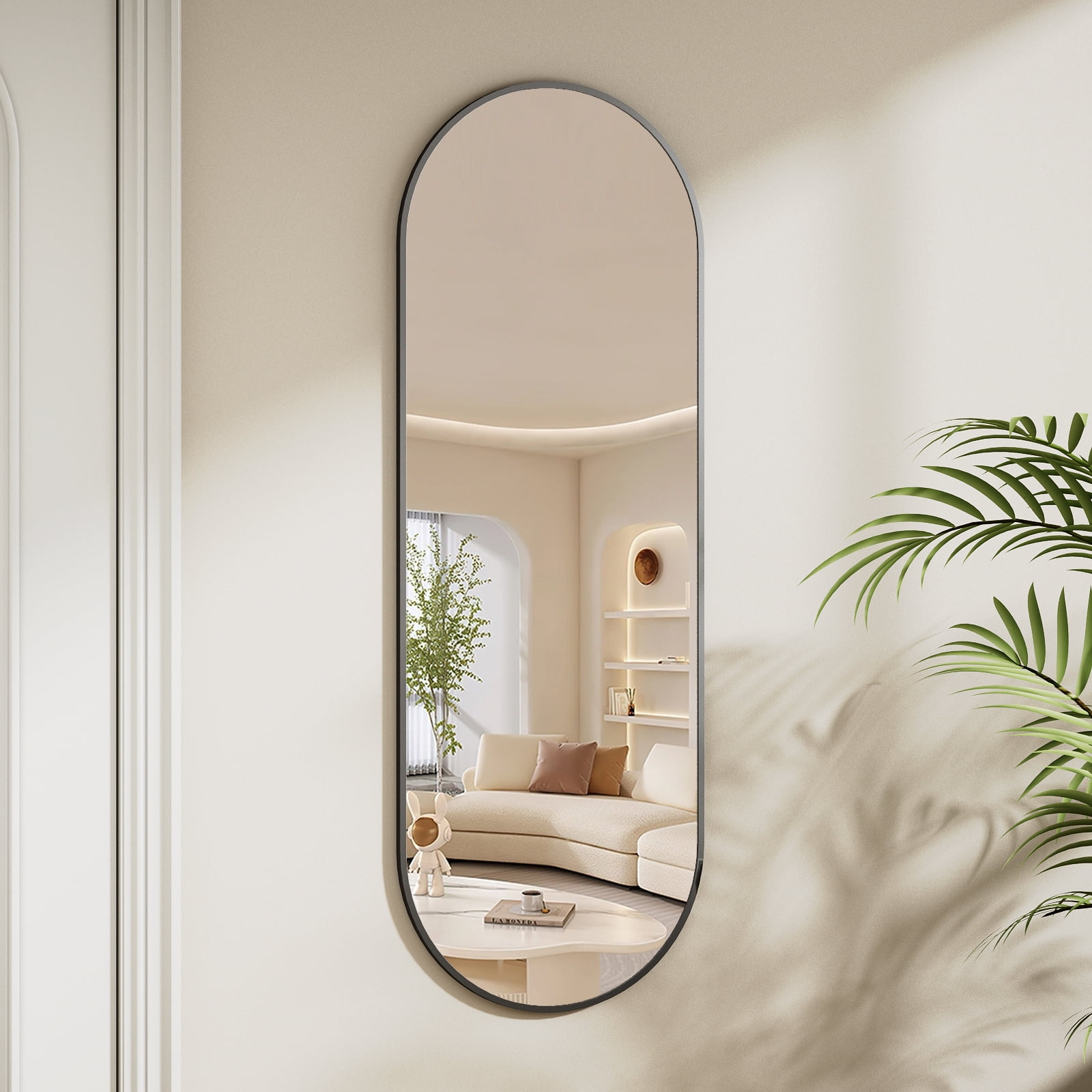 BEAUTYPEAK 48" x 16" Full Length Mirror Oval Hanging Wall Mirror with Leather Strap,Black