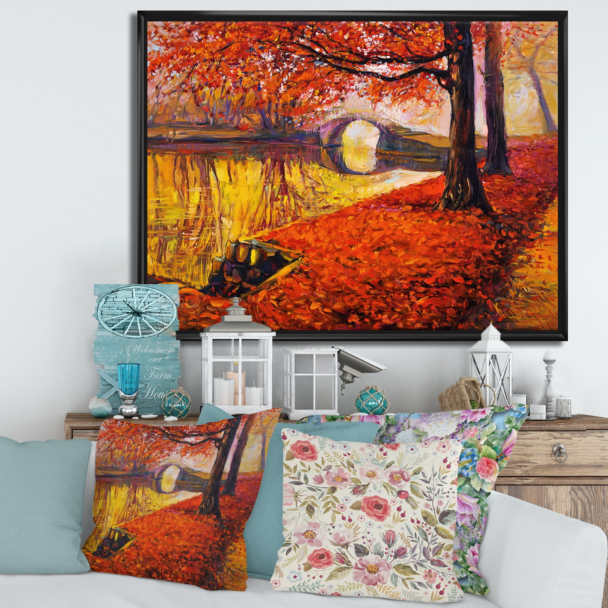 Designart 'Little Bridge In Deep Orange Autumn Landscape I' Traditional Framed Canvas Wall Art Print