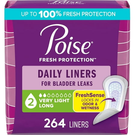 Poise Daily Incontinence Panty Liners, Very Light Absorbency, Long, 264 Count (6 Packs of 44)