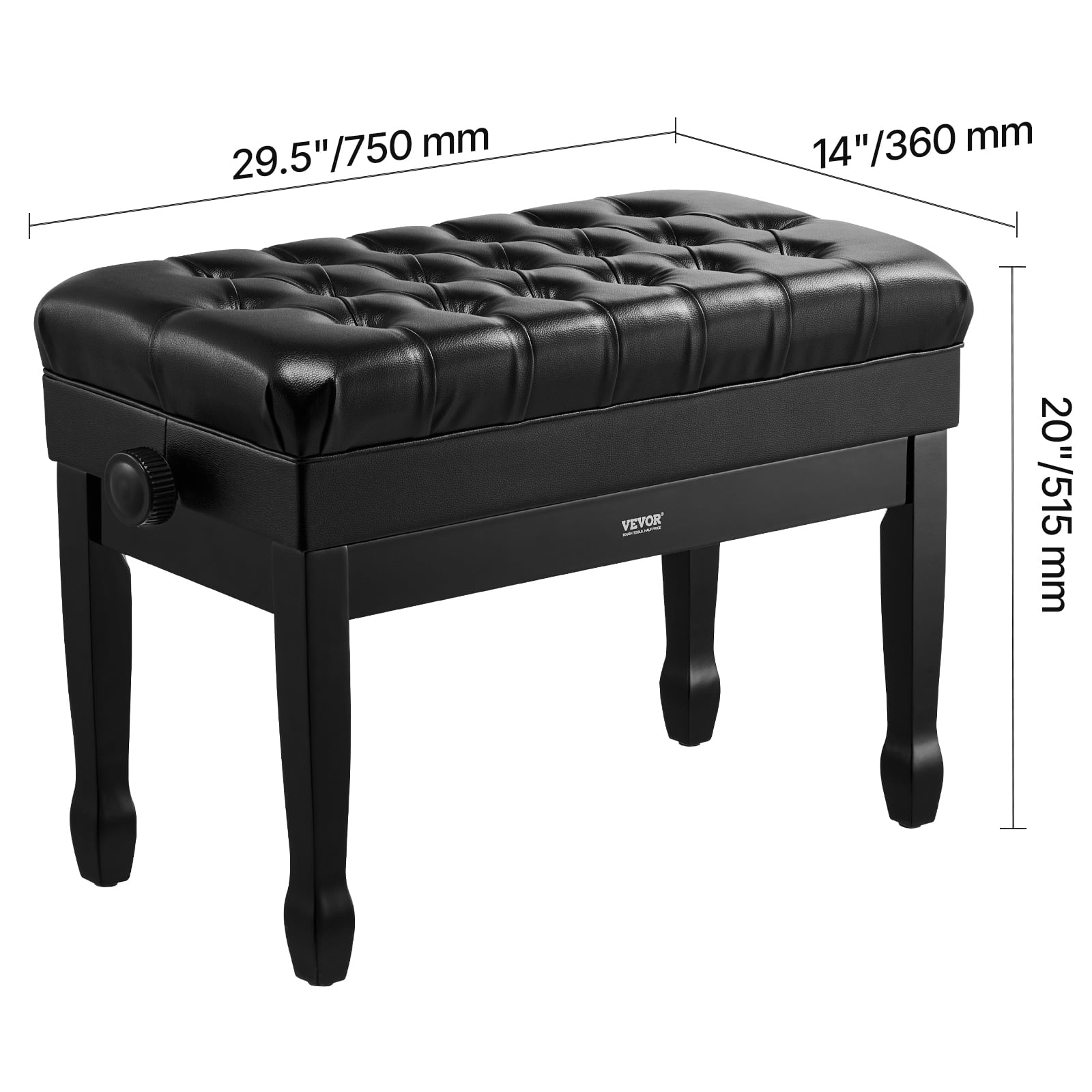 VEVOR Piano Bench, 29.5" x 14" x 20.3", Duet Keyboard Piano Chair with 20.3"-23.4” Adjustable Height, Padded Cushion, Storage Compartment for Music Books, Wooden Piano Stool Seat, for Vanity, Bedroom