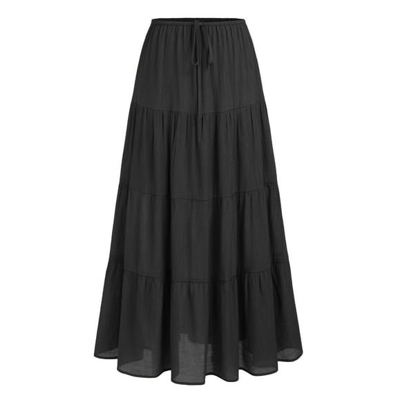 Pimfylm Women's Maxi Skirts Flowy Skirt Elastic High Waist Pleated A-Line Flared Long Skirts Black, M