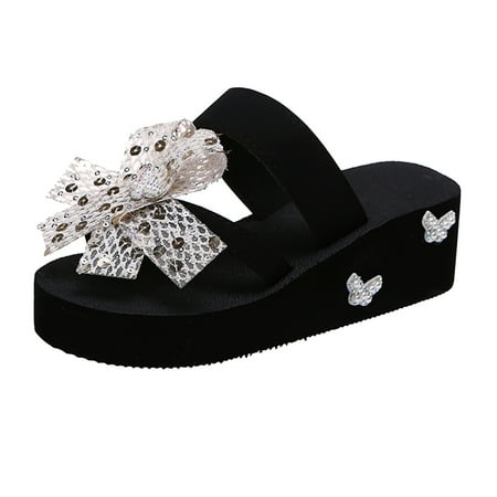 

Ladies Fashion Sequined Bow Wedge Slippers Outer Wear Clip-toe Flip Flops Pillow Slide Slippers for Women Most Comfortable Slippers for Women