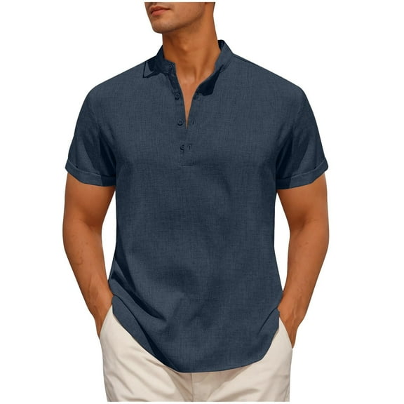 YLSDY Fashion Men's Casual Henley Shirt Short Sleeve Band Collar Shirt Summer Beach Hippie Vacation T Shirt with Button Navy XL