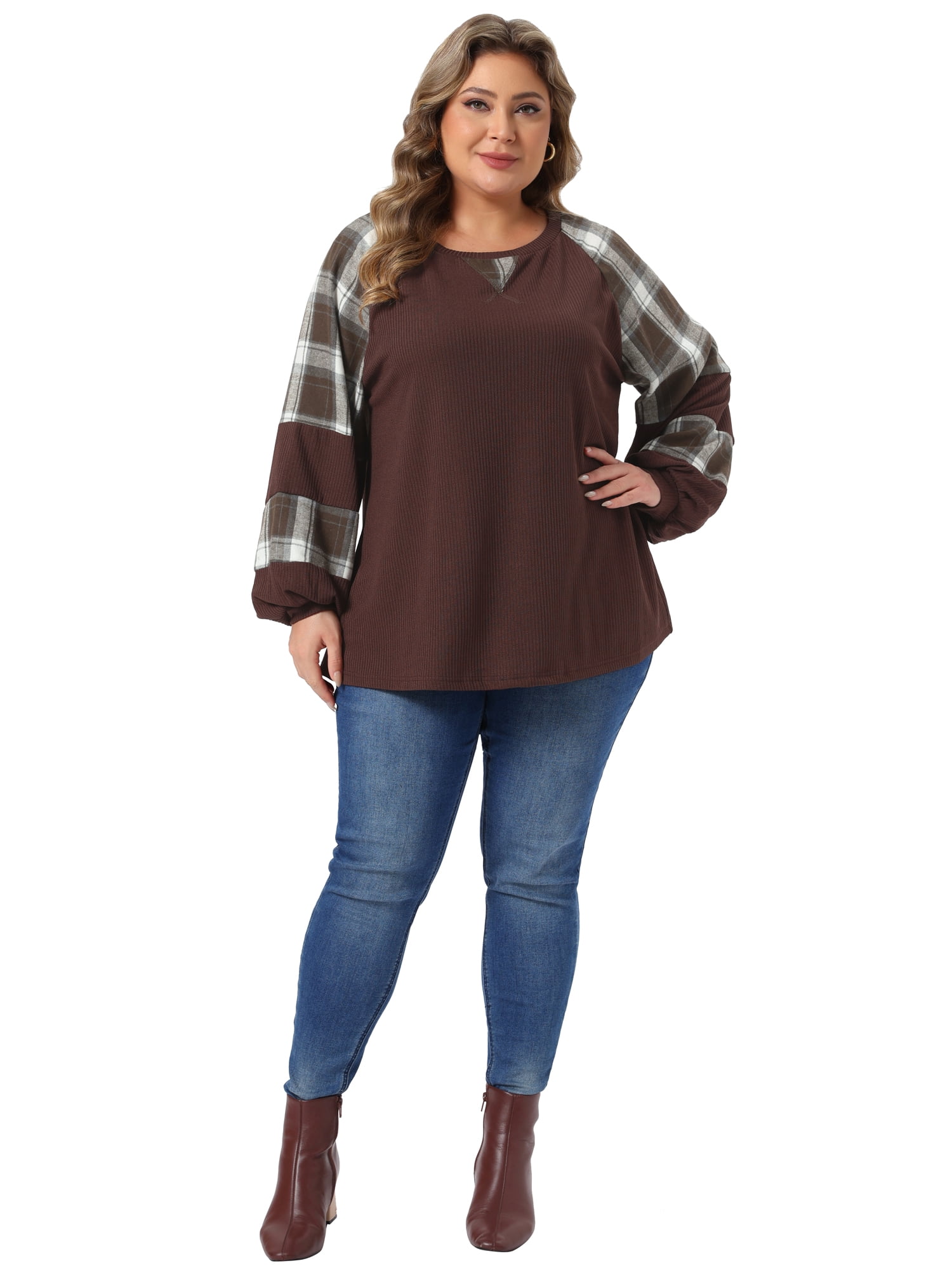 DARING DIVA Women's Plus Crewneck Cable Knit Long Sleeve Shirts 1X Brown