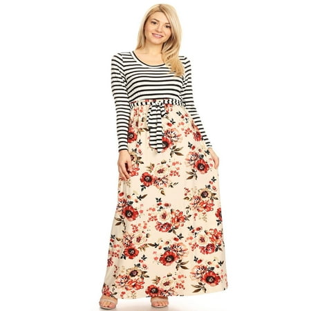 MOA COLLECTION Women's Stripe Floral Print Loose Fit Long Sleeve Bodice Waist Tie Contrast Maxi Dress
