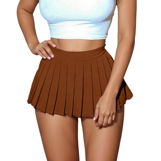 Aocisk Jupe Plissée Mini Unie pour Femmes, Coupe Trapèze, Taille Haute Évasée avec Fermeture Éclair, Jupe Courte Décontractée Extensible, Café L
