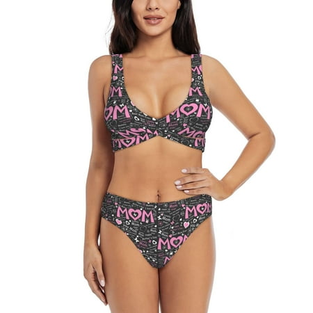 Zeuib Lovely Mom Ever High Waisted Tummy Control Bikini Set - Knot Front Push Up Top & Cheeky Thong Bottom  Two-Piece Swimsuit for Women-XX-Large