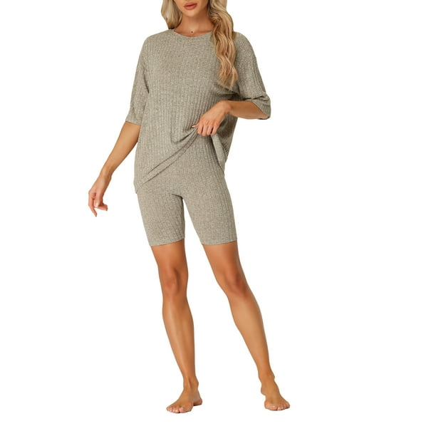 Conjunto de sudadera de manga corta de punto acanalado suave INSPIRE CHIC para mujer, pantalones cortos, ropa de casa, pijama XS Caqui
