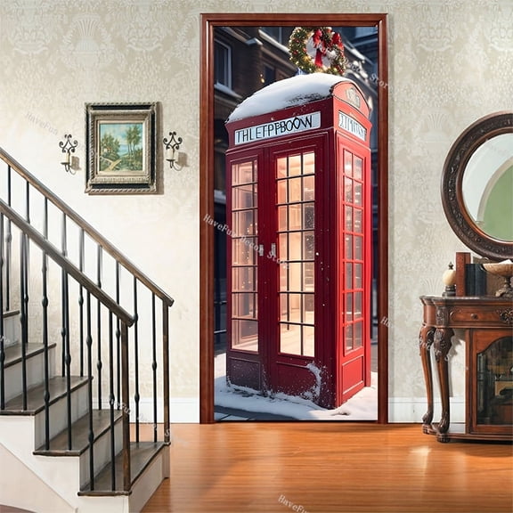 Retro Teleph Booth Pattern Door Sticker Art Home ration D Detachable Mural Bedroom Entrance Door Wal