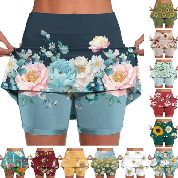 Feancey Women Skorts Plus Size,Womens Skort 5 inch Inseam Pull on Casual Floral Print Tennis Skirts with Shorts Summer Lightweight Running Skort Daily Sales
