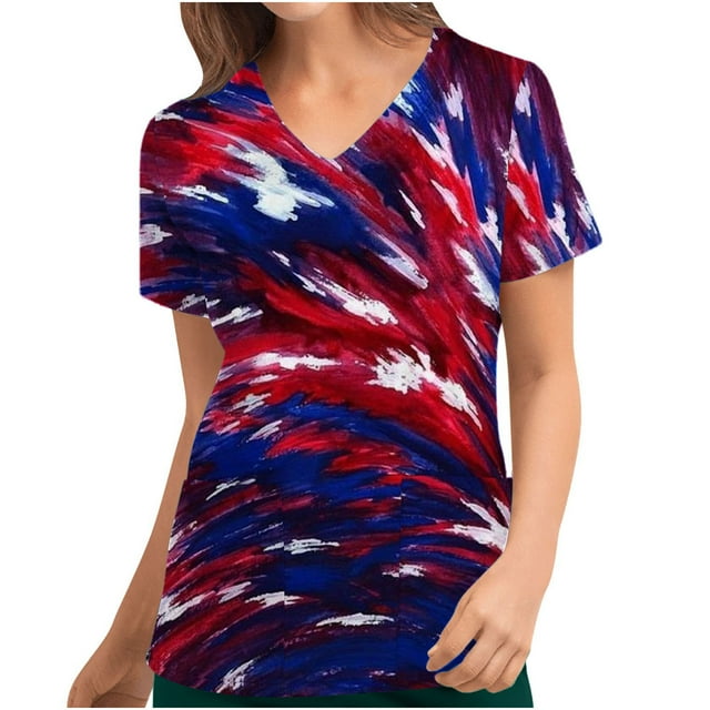 TIMIFIS Womens Scrub Tops Independence Day Summer American Flag Print Short Sleeve 4th of July Patriotic Working Uniform Nursing Scrub Tops with Pockets - Spring/Summer