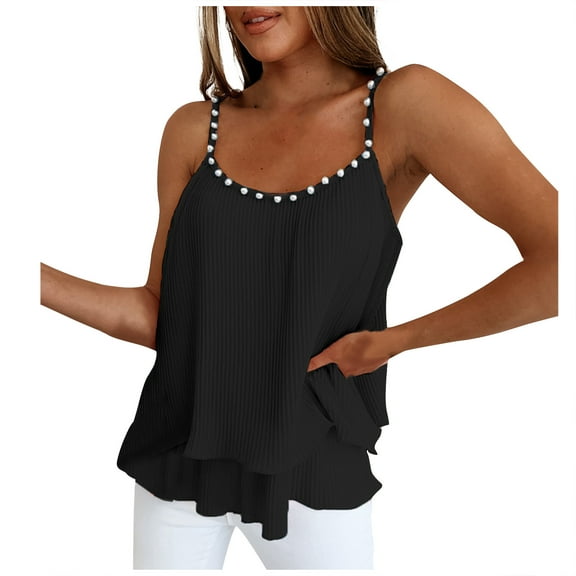 Mittory Womens V Neck Pearl Trim Tank Tops Double-Layer Ruffle Hem Adjustable Spaghetti Strap Camisole