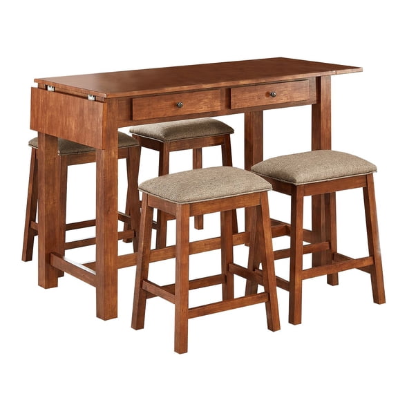 GTU Furniture 5-Piece Elegant Wood Veneer Counter High Top Kitchen Dining/Bar Extendable Brown Table with Barstools(1xTable 4xBarstool)