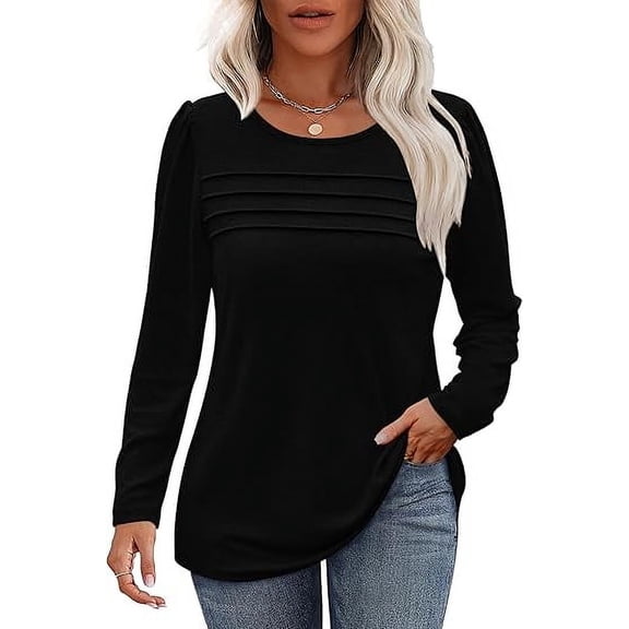 Long Sleeve Shirts for Women Pleated Casual Business Blouses Trendy Fashion Tunic Basic Tops Loose Trendy Fall Crew Neck T-Shirts
