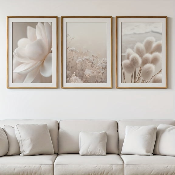 3pcs Set of Beige Flower And Plant Wall Art, Natural Floral Poster, Neutral Modern Wall Decoration, Nordic Minimalist Art Decoration, Bohemian Decoration, Living Room, Bedroom, Kitchen, Office, Cafe